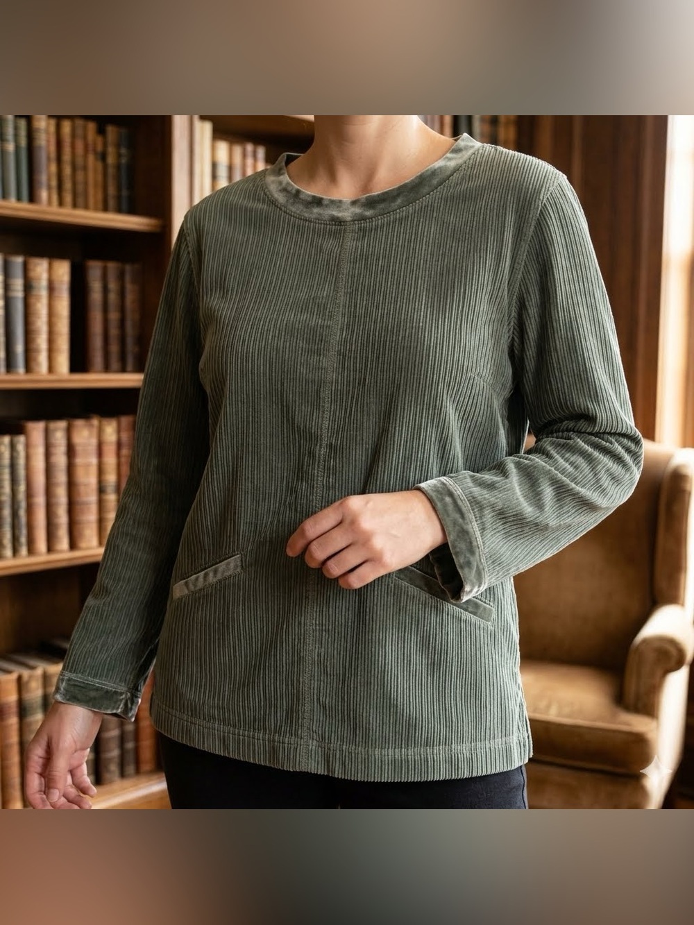 Denim & Co. Sage Green Plisse Long Sleeve Top Velvet Trim Size Large